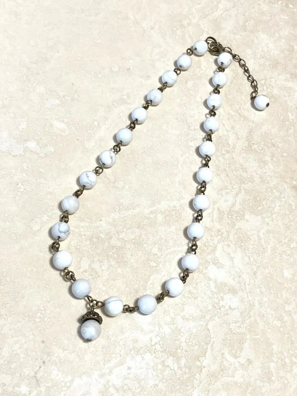 Genuine White Magnesite Short Necklace, Natural Gemstone & Bronze Acorn Pendant - Picture 6 of 13